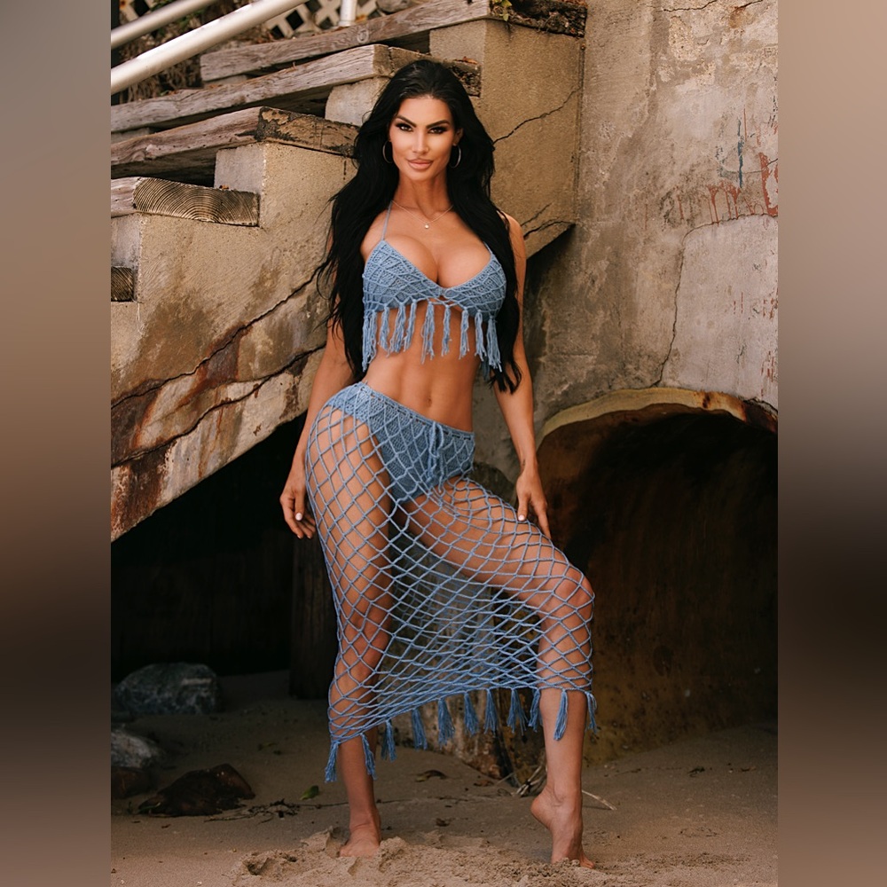 Blue Crochet Fringe Bikini Set